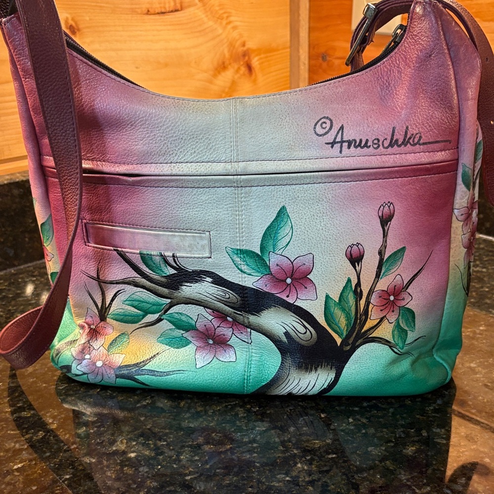 Anuschka Hand-Painted Floral Shoulder Bag - Pink and Green